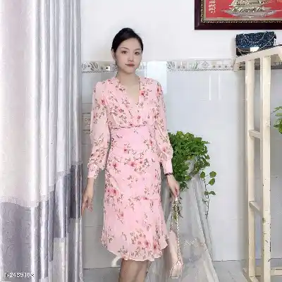 Đầm xòe nữ hoa hồng hồng 